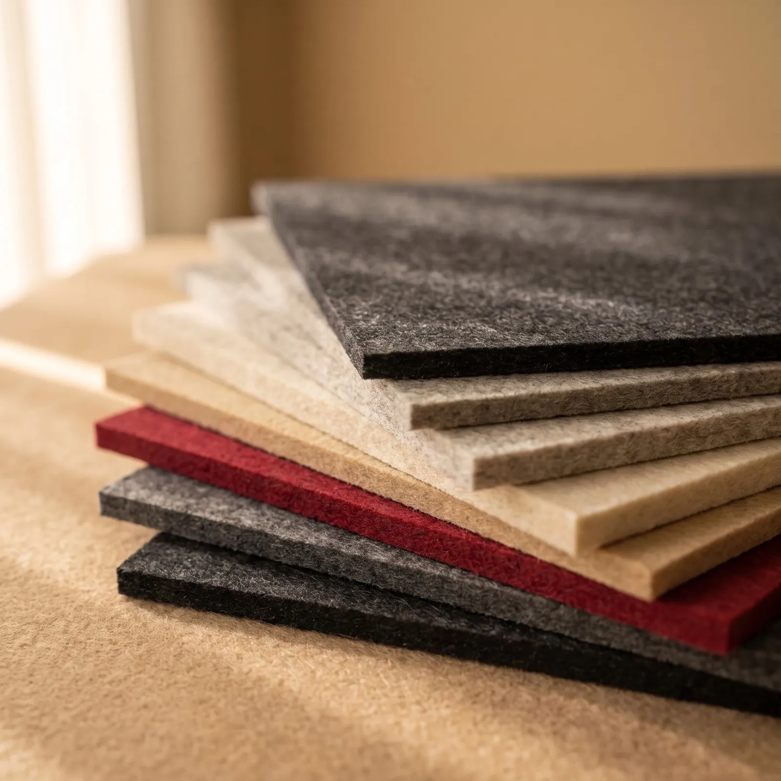 A fanned stack of polyester acoustic boards in charcoal, grey, oat and red
