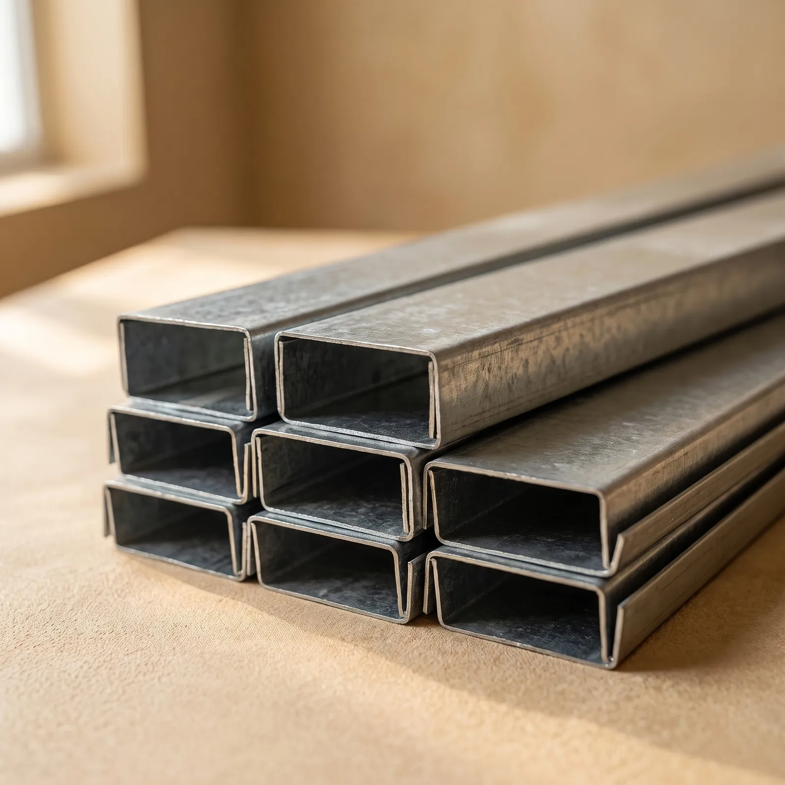 A stack of galvanised steel ceiling channels