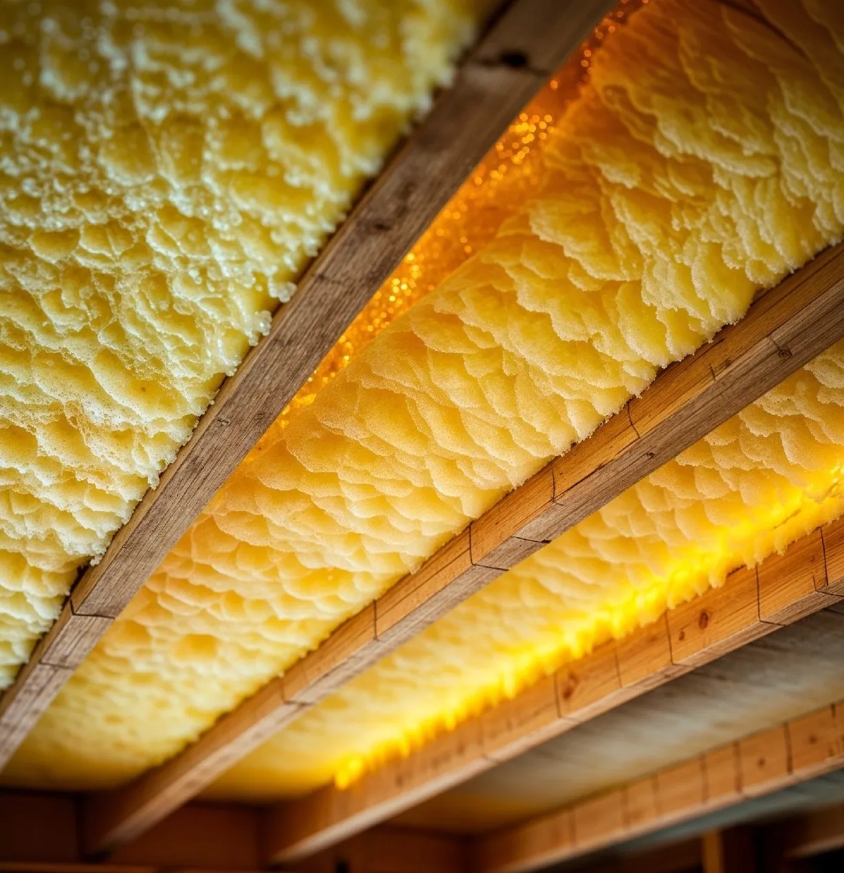 Yellow glasswool insulation fitted between timber joists