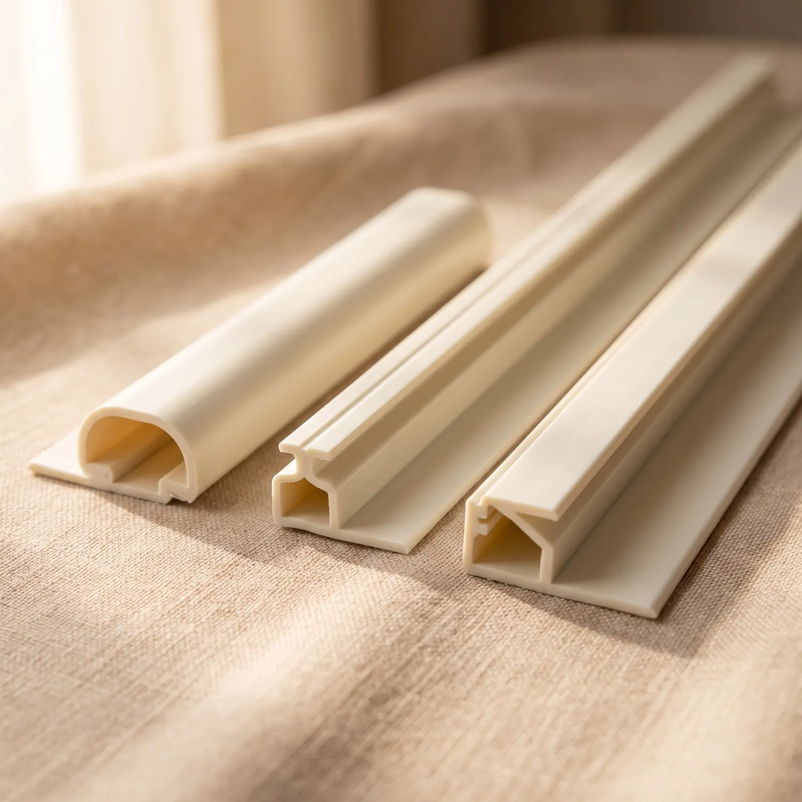 Three white PVC fabric gripper profiles showing their cross-sections