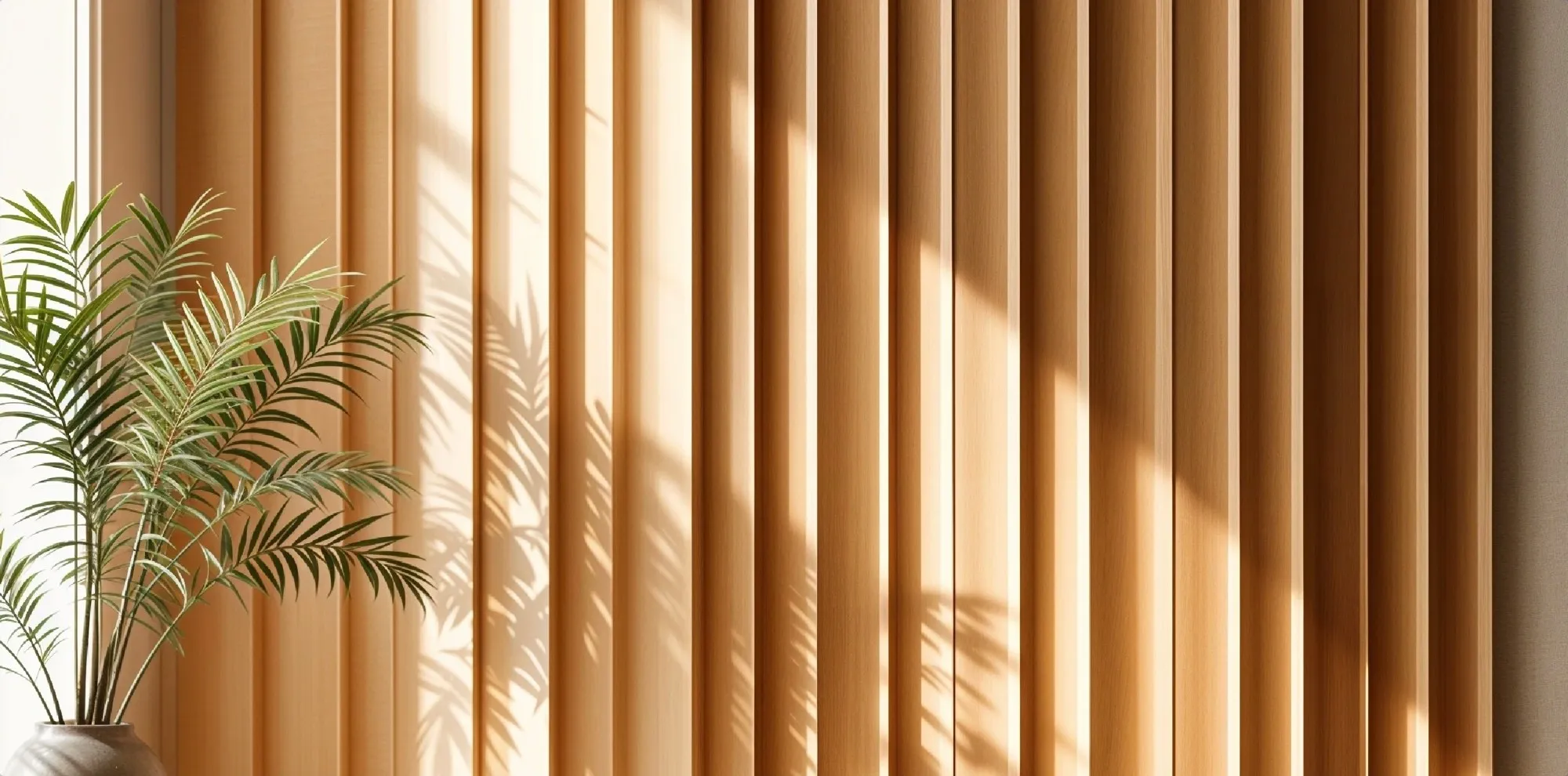 Vertical wooden acoustic slats lit by warm sunlight