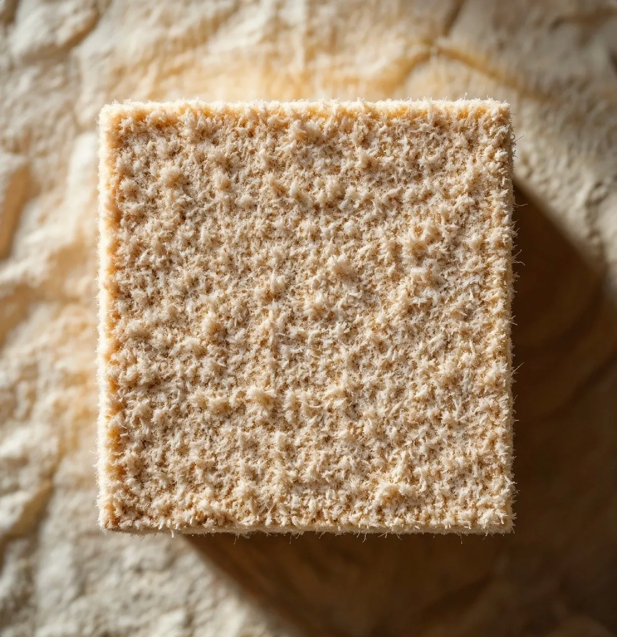 A square of textured wood wool board on linen